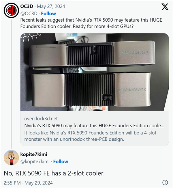 什么逆天科技！RTX  5090被传只有双插槽、双风扇