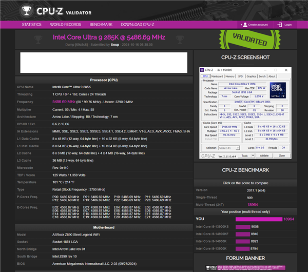 没有超线程亦领先！Intel酷睿Ultra  9 285K  CPU-Z多核超14900K  12%