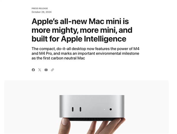 苹果上新：能揣兜里的Mac  mini来了 8GB内存版本退出历史舞台