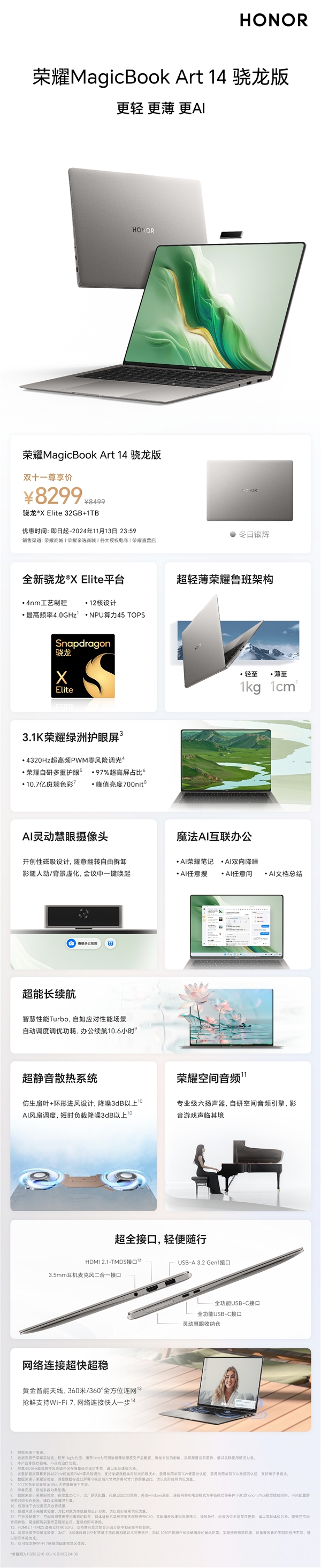 一图看懂荣耀MagicBook  Art  14骁龙版：支持10.6小时重度办公续航